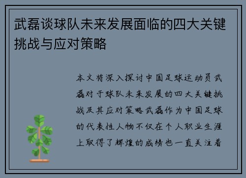 武磊谈球队未来发展面临的四大关键挑战与应对策略