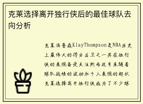 克莱选择离开独行侠后的最佳球队去向分析