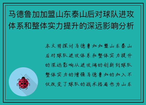 马德鲁加加盟山东泰山后对球队进攻体系和整体实力提升的深远影响分析
